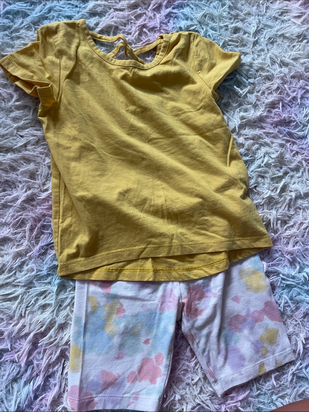 Cat & Jack Yellow Short Sleeve Top with Pastel Tie-Dye Shorts Casual Outfit Set